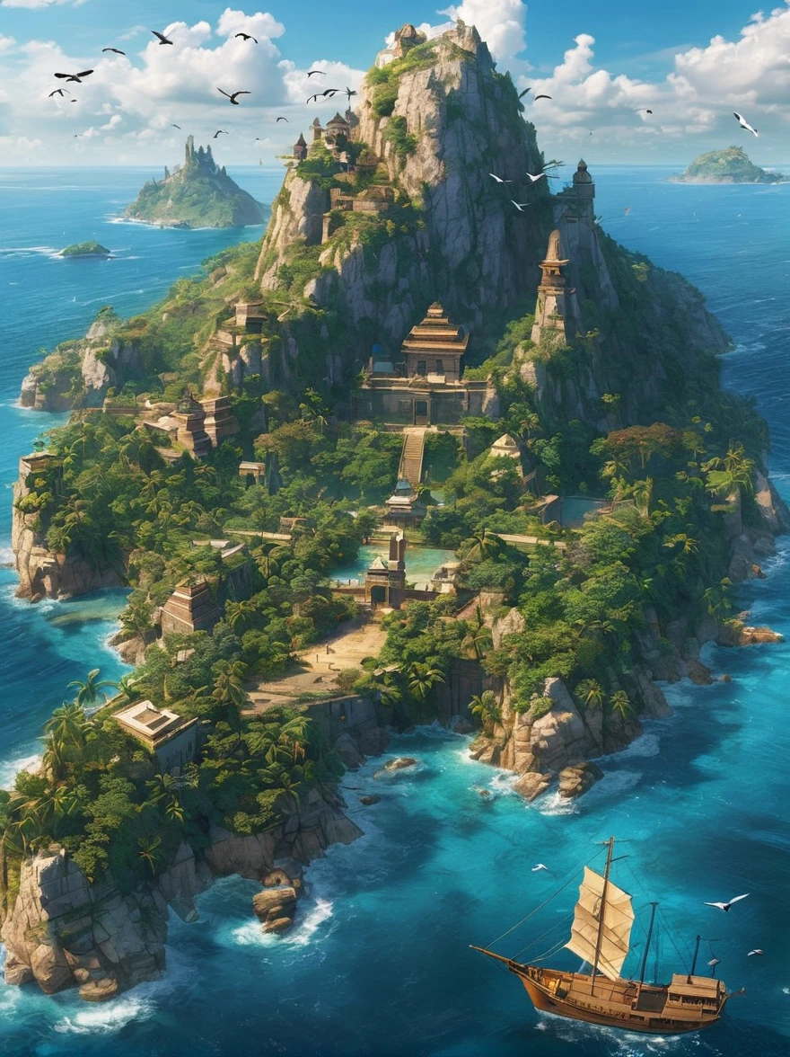 (Bird&#39;s eye view:1.5)，An ancient treasure map，Horizon leading to an exotic island。The island is covered with lush tropical vegetation、Mysterious ancient buildings and a towering mountain。This is an obvious destination for daring explorers。The sky is dotted with birds，There&#39;s a sense of adventure in the air，The boundless blue sea is inhabited by various marine creatures.。A wooden boat with an elegant sail awaits in the nearby bay.，Prepare to start a cross-sea journey。