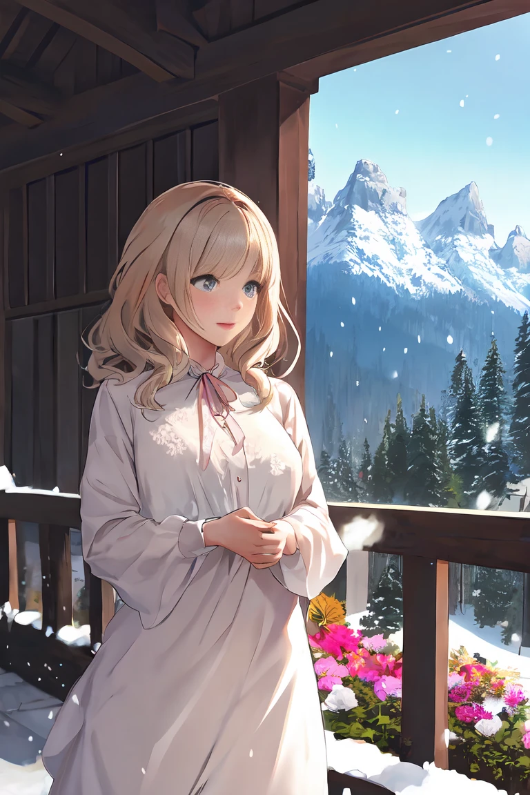 A beautiful woman with light hair, flowers, snow-capped mountains, summer