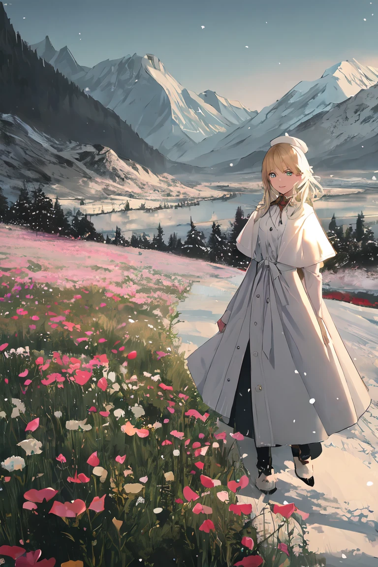 A beautiful woman with light hair, flowers, snow-capped mountains, summer