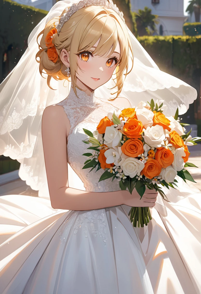 Blonde Orange Eyes Woman in wedding dress Casablanca bouquet