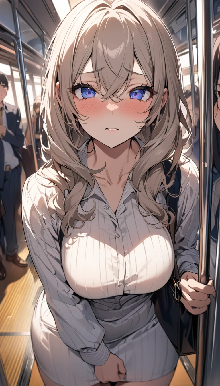 (molesting)、Large crowds、On the train、On the train、Crowded with multiple men、Man hugging her from behind、Man grabbing her、Man touching her ass、Touching her crotch, masterpiece, top-quality, (1 Girl Shy Face Blue Eyes and Blonde Hair Quickly Curly), Big ass breasts full until you put it on and wait, (mini skirt swinging sexy round: 1.3)、Pink Panties、(White swooping open shirt:1.3)、Man leaning on her back and looking at her with a look of pleasure、Middle aged man in various poses、Body adhesion、Packed、Sperm taken、Leaked sperm、Sperm in the ass、