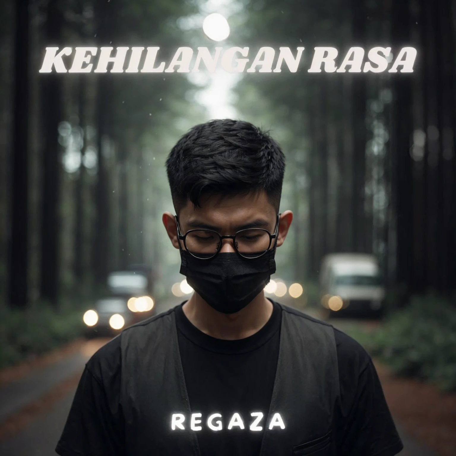 An Indonesian man wearing square glasses and a black mask, with short hair styled in a mid fade French crop. He is dressed in a black t-shirt with a gray vest. He stands in the middle of the street in forest with his head bowed, showing a sad expression, close eyes. The scene is set on a deserted street under dark clouds, with a bokeh effect. Above the man, there is a title "Kehilangan Rasa" and below it, "REGAZA." The light is focused on the man, giving a cinematic, movie-like