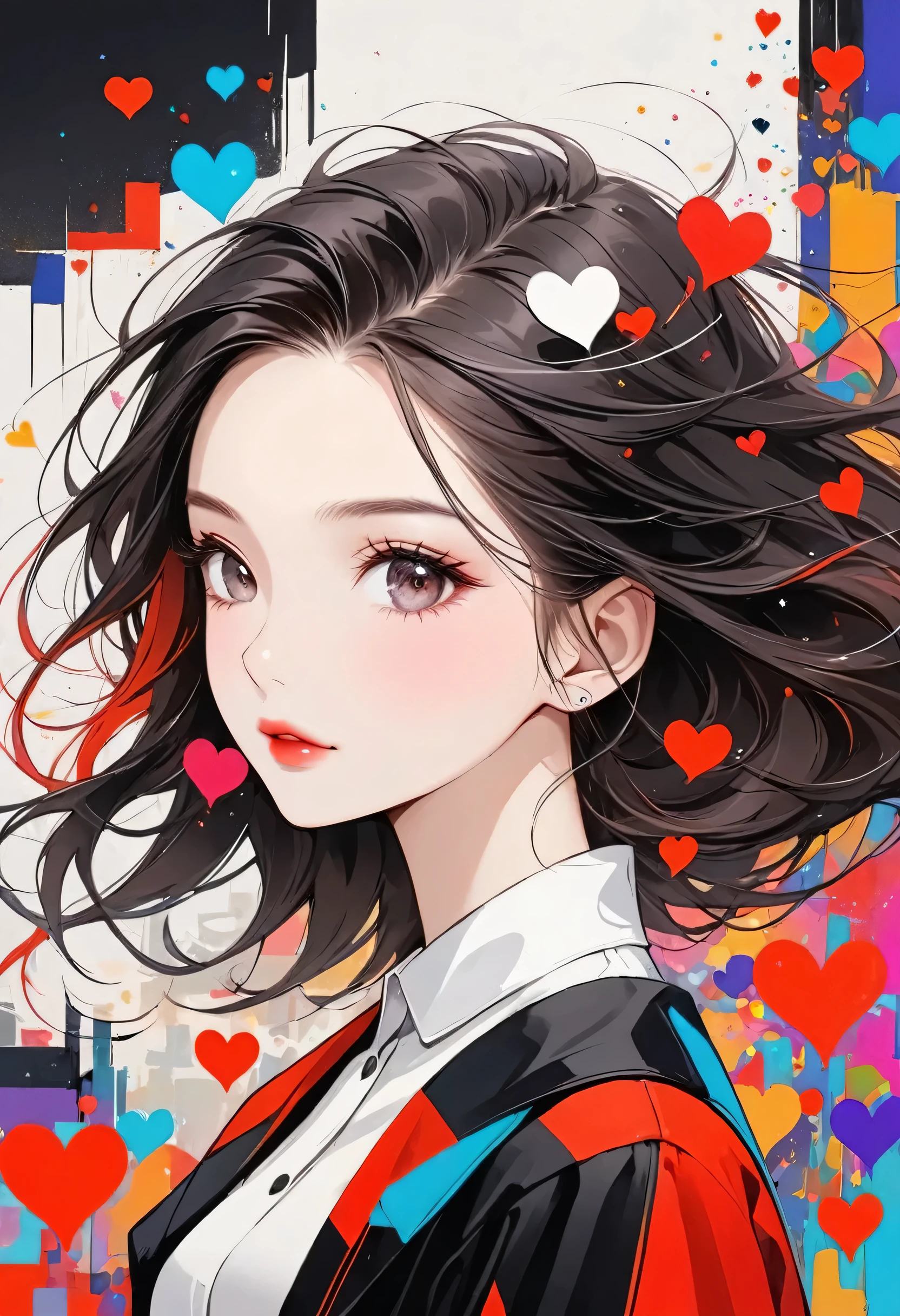Black Star Red and White style, Simple Line Initialism，Abstract art，Urban Background, (((The most beautiful girl of all time))), Sweet face. Lips in love, colorful hearts, stylish design