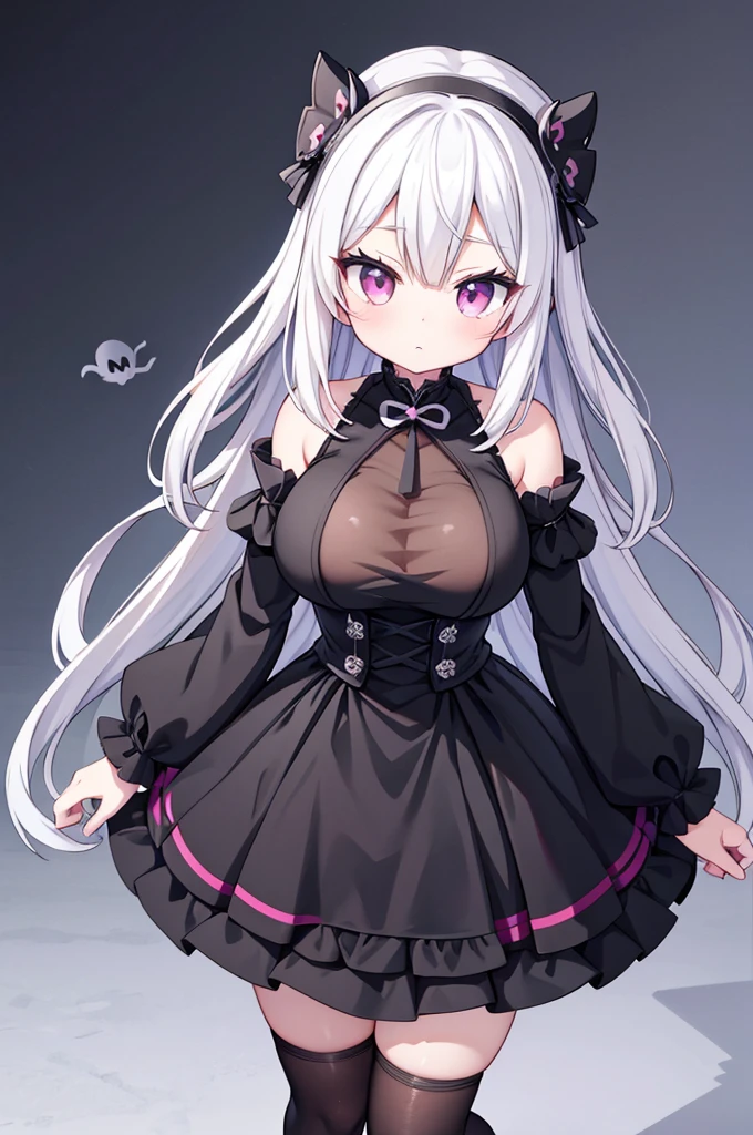 Anime-style image of a woman with white hair and black clothing, Cute 3D anime girl render, Cute anime waifu in a nice dress, Anime VTuber Full Body Model, Anime girl in a black dress, Gothic Maiden Anime Girl, Highly detailed characters, Official character art,Onmyoji,Big Tits,ghost