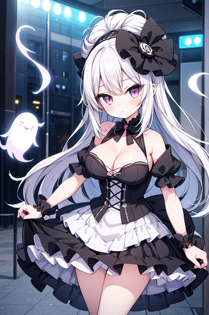 Anime-style image of a woman with white hair and black clothing, Cute 3D anime girl render, Cute anime waifu in a nice dress, Anime VTuber Full Body Model, Anime girl in a black dress, Gothic Maiden Anime Girl, Highly detailed characters, Official character art,Onmyoji,Big Tits,ghost
