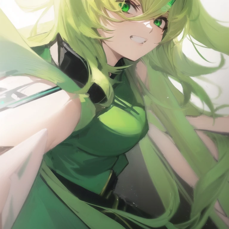 Anime girl with green hair and green eyes holding a sword, portrait Zodiac Knight Girl, Villain Anime Girl, Girl in Armor, Zodiac Knight Girl, From Arknights, Tatsumaki, Created by Anime Painter Studio, The truth of the matter, Official artwork, Blonde emerald warrior, Painted in an anime artist's studio, Krentzkus Heart, Portrait of a female anime hero, Also