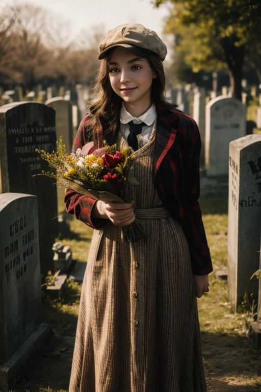 Young beautiful girl, Emma Myers, American, SOFT SMILING FACE, HAVE A BROWN HAIR, wears a old work cap, wears old-fashioned clothes, 19th century, poverty-stricken clothes, old torn clothes, 19th century period clothing, holding a bouquet, standing before her grandparents' tombstones, cemetery background, dark cities background, night time, midnight background.