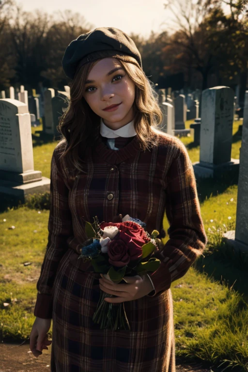 Young beautiful girl, Emma Myers, American, SOFT SMILING FACE, HAVE A BROWN HAIR, wears a old work cap, wears old-fashioned clothes, 19th century, poverty-stricken clothes, old torn clothes, 19th century period clothing, holding a bouquet, standing before her grandparents' tombstones, cemetery background, dark cities background, night time, midnight background.