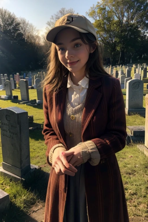 Young beautiful girl, Emma Myers, American, SOFT SMILING FACE, HAVE A BROWN HAIR, wears a old work cap, wears old-fashioned clothes, 19th century, poverty-stricken clothes, old torn clothes, 19th century period clothing, holding a bouquet, standing before her grandparents' tombstones, cemetery background, dark cities background, night time, midnight background.