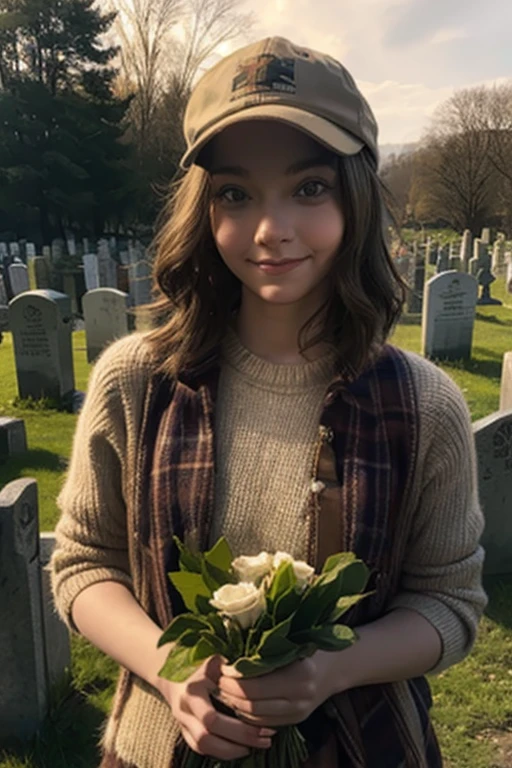 Young beautiful girl, Emma Myers, American, SOFT SMILING FACE, HAVE A BROWN HAIR, wears a old work cap, wears old-fashioned clothes, 19th century, poverty-stricken clothes, old torn clothes, 19th century period clothing, holding a bouquet, standing before her grandparents' tombstones, cemetery background, dark cities background, night time, midnight background.