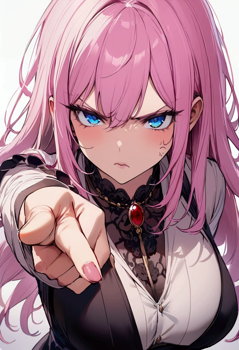 Scold、Pointing with one hand、Angry、Pink haired woman、blue eyes