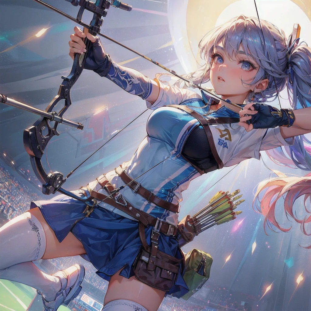 masterpiece, (textured skin), best quality, gorgeous beautiful girl, (a female archery athlete), detailed clothes,large breasts,narrow waist,, (beautiful face), cinematic lighting, (at archery venue ),