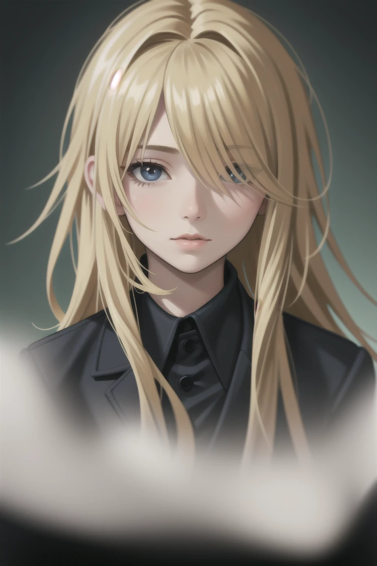 portrait of european girl,solo,20yo,beautiful face,uppser body,hair over one eye,medium sidecut, blonde hair, sharp focus,black business suit