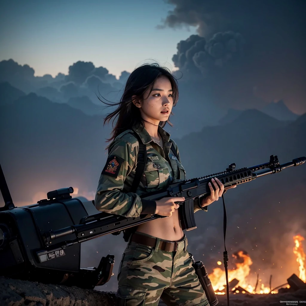 (8ก, Raw-photo, best quality, Masterpiece:1.2),(realistically, ถ่ายภาพrealistic:1.4),(Highly detailed CG Unity 8k wallpaper.),(round face: 1.5), (Detailed Pupils:1.3),(Cold eyes:1.1),(smile a little:1.1),(Memorable eyes:1.1),(The eyes are very beautiful.:1.1),
24 yo, korean woman, white, Smooth, beautiful, moisturized skin, Camouflage bikini, large breast,cleavage,Fighting on the battlefield, strong muscles, world war, modern war theme,girl army, Assault Rifle, (holding a rifle: 1.3), (เล็งและholding a rifle.: 1.3), สาวsoldier, สาวsoldierราบ, สhootout, Air Raid, Air Raid, soldier, Camouflage suit, Vehicle Burning, battlefield, battlefield, Caro, ruins, explosion, burning city, smoke, Torn Tank Tower, navel, glove, กางเกงsoldierขาด, His face was smeared with mud and blood., The skin is wet with sweat., Bloodstained skin, สkin stained with mud, small size, rift, expression of determination, สtrict wording, Highest quality, Ultra Hi-Race, nonsense, realistically, Physics-based rendering(Physics-based rendering(Physical rendering)), movie light, Sophisticated and cinematic look,Cinematic สoft Light, soothing color tones, พื้นหลังbattlefield, urban war background, realistic, cowboy pictures, Dynamic angle,jeepจอดอยู่บนถนนอิฐในลานจอดรถ, Jeep Wrangler, jeep, front profile, 🦩🪐🐞👩🏻🦳, ภาพfront profile, Mahindra Tar, wire, 8ก!!, Masterpieceที่น่าทึ่ง, Fuji Lead, full face, 2 0 1 9, 2019, สoft Top, do: Tom Karafiq,มองมาทางผู้ชมอย่างมุ่งมั่น,บิกินี่ลายพราง,เต้านมที่มีขนาดใหญ่,หน้าท้องเมียเรียบสวย