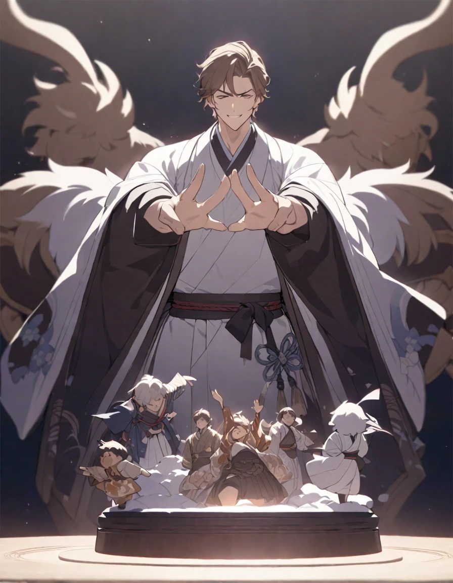 masterpiece,Highest quality,Super detailed,figure,Delicate and detailed,Intricate details,Cinematic Light,Highest qualityのバックライト,1 male, Fluffy brown hair,Handsome, Open your mouth, Smug eyes, cool illustration, Japanese-style clothing, Making a peace sign