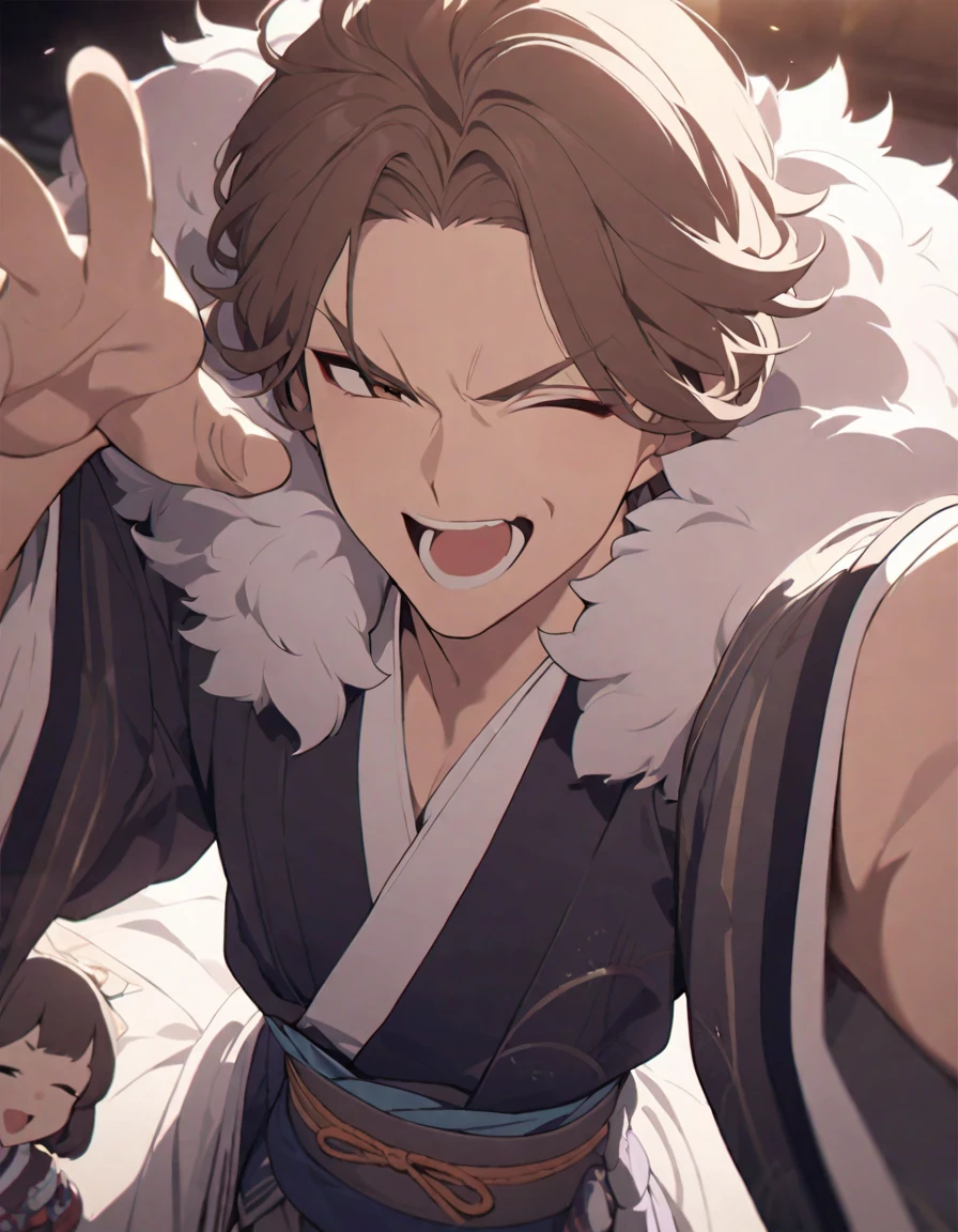 masterpiece，Highest quality，Super detailed，figure，Delicate and detailed，Intricate details，Cinematic Light，Highest qualityのバックライト，1 male, Fluffy brown hair，Handsome, Open your mouth, Smug eyes, cool illustration, Japanese-style clothing, Making a peace sign

