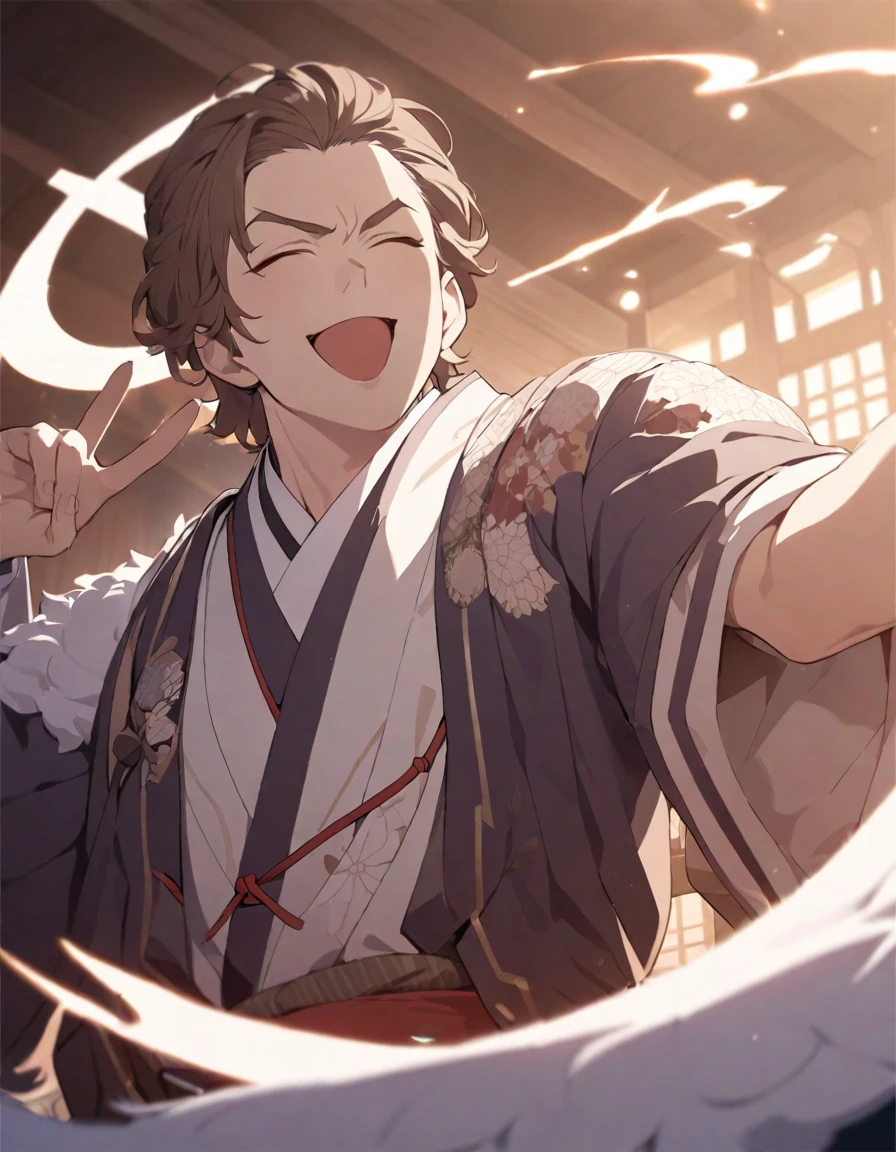 masterpiece,Highest quality,Super detailed,figure,Delicate and detailed,Intricate details,Cinematic Light,Highest qualityのバックライト,1 male, Fluffy brown hair,Handsome, Open your mouth, Smug eyes, cool illustration, Japanese-style clothing, Making a peace sign