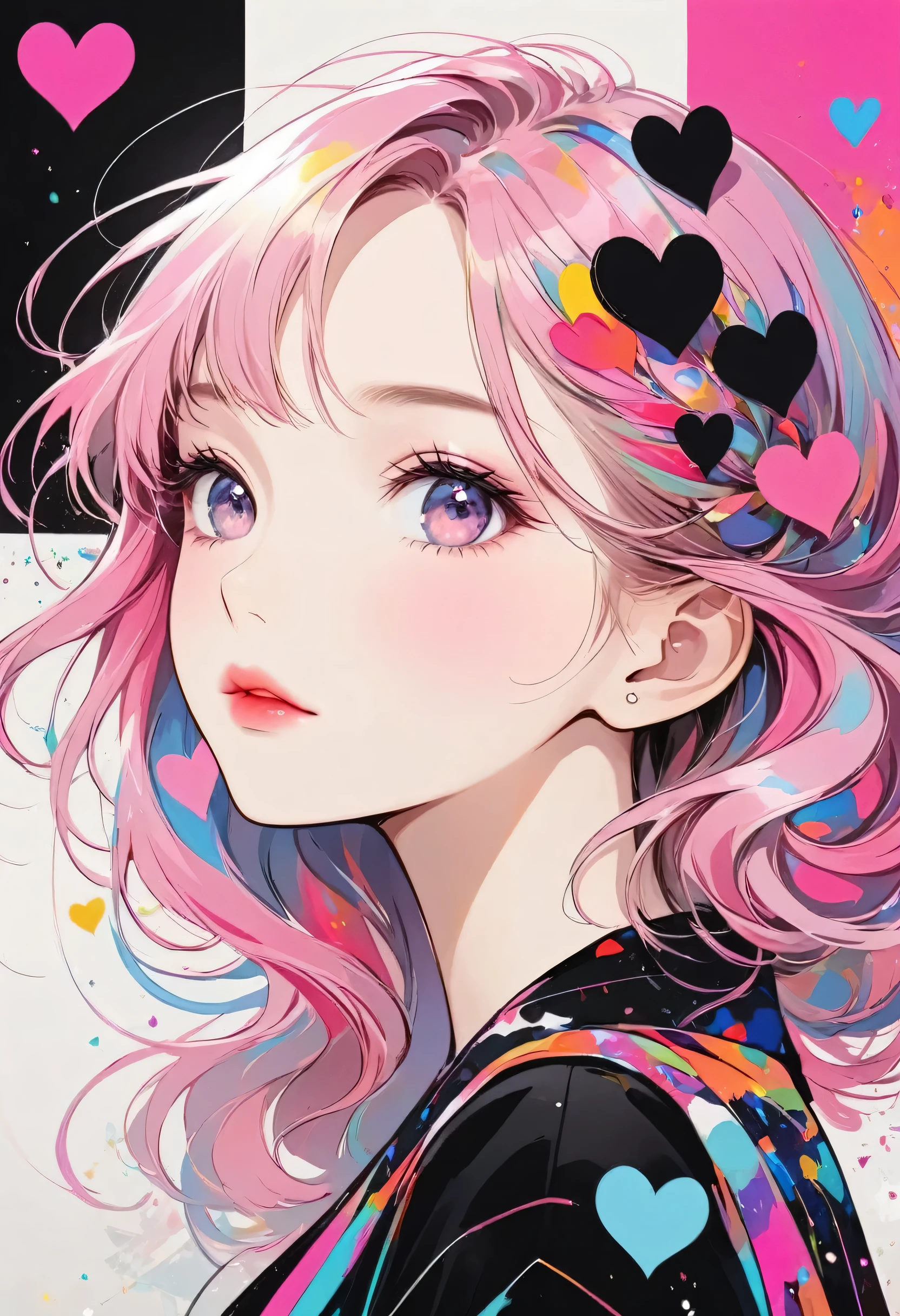 Black Star Pink and White style, Simple Line Initialism,Abstract art,Urban Background, (((The most beautiful girl of all time))), Sweet face. Lips in love, colorful hearts, stylish design