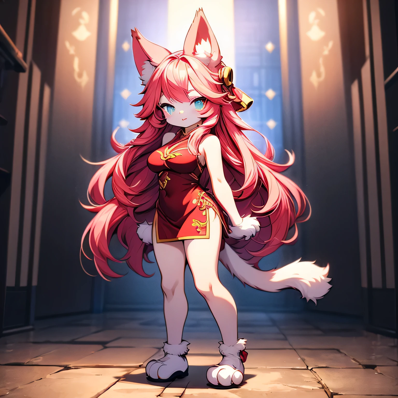 Cat Girl,cheongsam,Larger breasts,Very long hair,The tail is very big and long,Cat ear,hairy,Red Hair,Cute appearance,A sickle and hammer hung around his neck.Big Paws,Standing posture.thigh,Red hair,Solid color back
