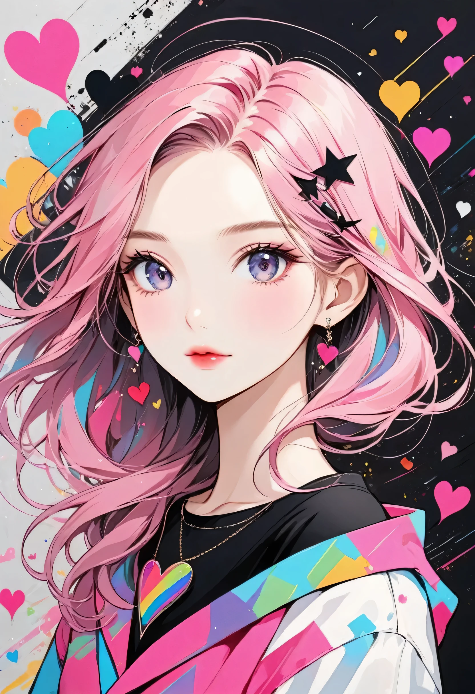 Black Star Pink and White style, Simple Line Initialism,Abstract art,Urban Background, (((The most beautiful girl of all time))), Sweet face. Lips in love, colorful hearts, stylish design
