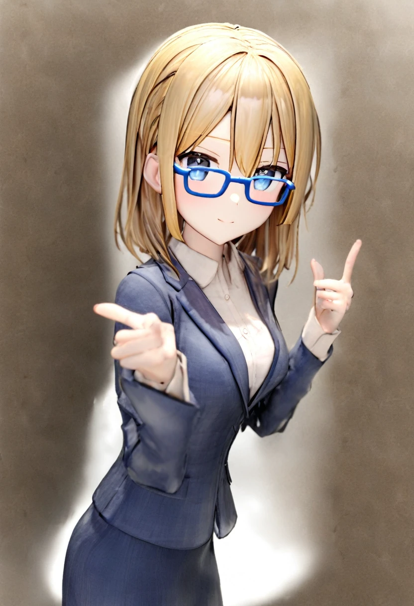 1girl,22years old, office lady,kawaii,intellectual,long blonde hair, blue eyes,jitome,brown hair pin,blue frame glasses,navy blazer,collared shirt,navy tight skirt, triumphant pose,office, BREAK masterpiece, best quality, absurdres, cowboy shot, 3d,chibi,nendroid style,colored pencil art style, hand-drawn aesthetic, soft shading, textured paper background, gentle colors, sketch-like quality, artistic portrait, delicate lines, subtle blending, warm lighting