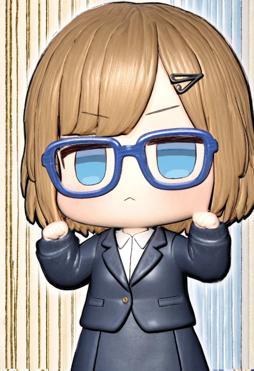 1girl,22years old, office lady,kawaii,intellectual,long blonde hair, blue eyes,jitome,brown hair pin,blue frame glasses,navy blazer,collared shirt,navy tight skirt, triumphant pose,office, BREAK masterpiece, best quality, absurdres, cowboy shot, 3d,chibi,nendroid style,colored pencil art style, hand-drawn aesthetic, soft shading, textured paper background, gentle colors, sketch-like quality, artistic portrait, delicate lines, subtle blending, warm lighting