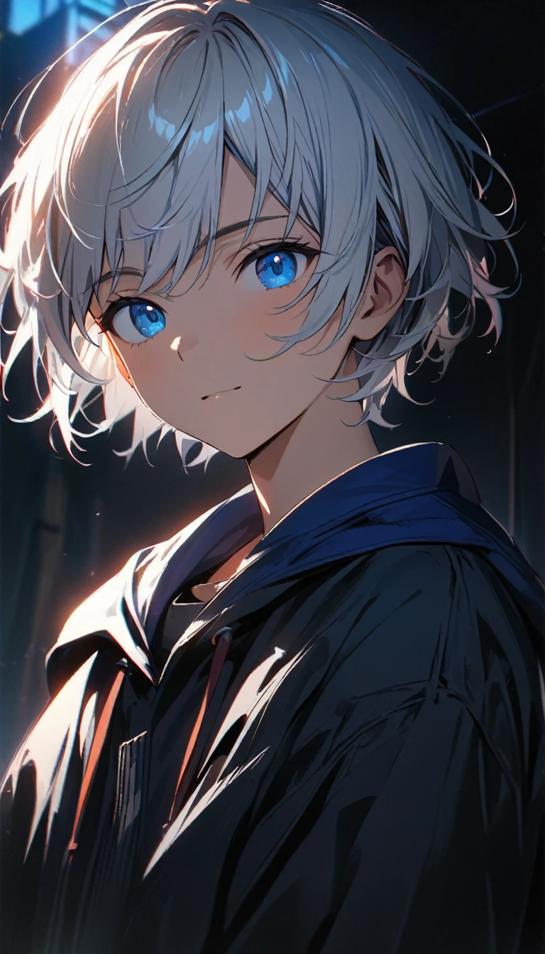 1 male, short hair, white hair, blue eyes, young teenager, calm expression (best quality,4k,highres,masterpiece:1.2),ultra-detailed, dramatic lighting,vibrant colors,cinematic