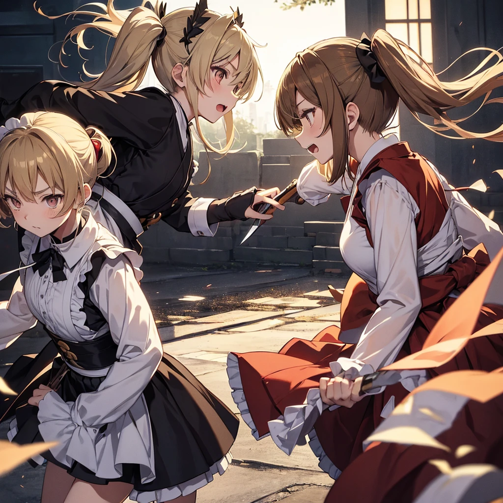 whole body, jump up and down, baby face, duel, Japanese sword, Gunfight, 2 girl, fierce battle, hostility, Maid clothes, brown and blonde, twin tails, very cute, hate each other, battlefield, lively