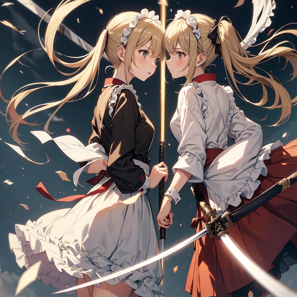 whole body, jump up and down, baby face, duel, Japanese sword, Gunfight, 2 girl, fierce battle, hostility, Maid clothes, brown and blonde, twin tails, very cute, hate each other, battlefield, lively