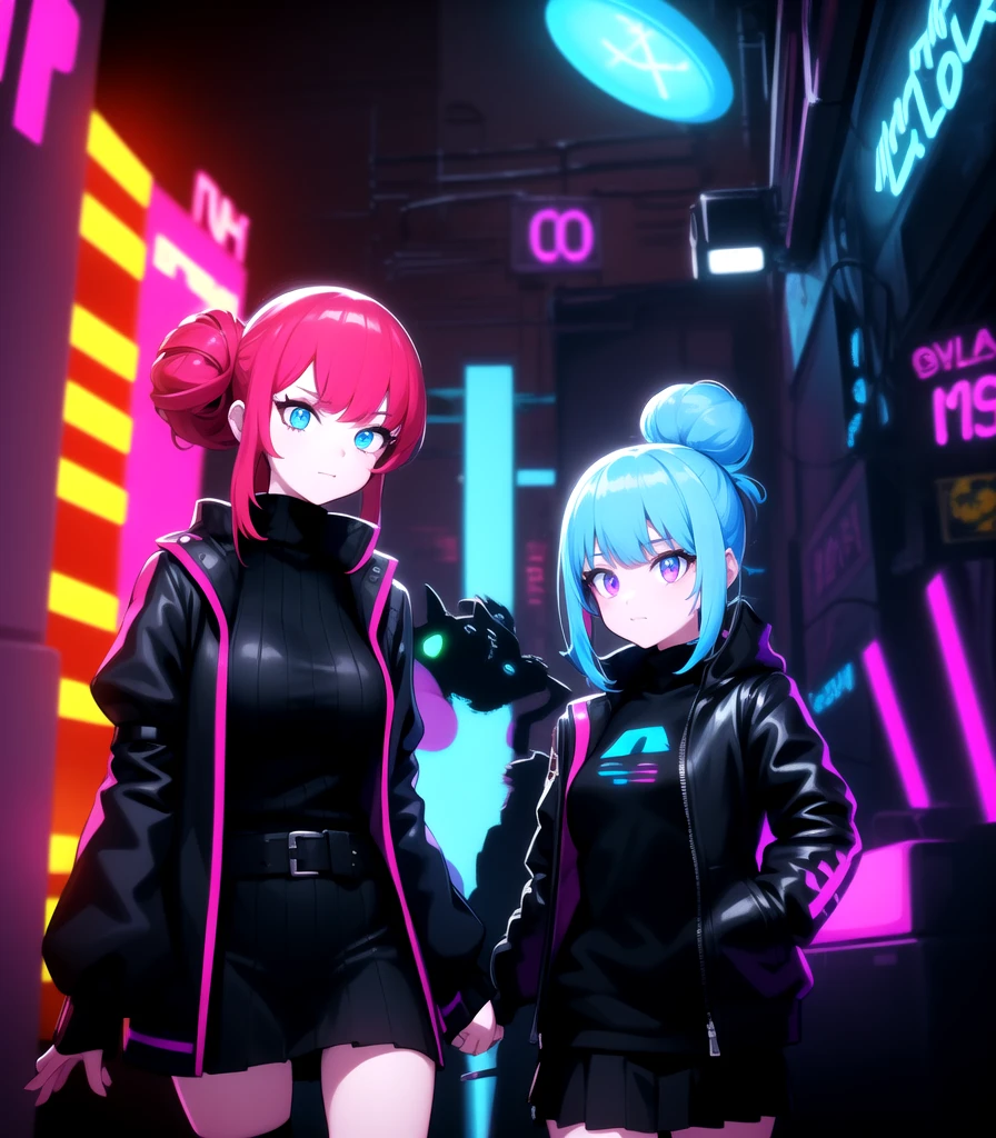 (1girl),
(female focus),

(masterpiece, best quality, highres:1.2),(illustration:1.1),(cyberpunk:1.2),

(hair bun:1.2), light blue hair,blue eyes,(black cyberpunk jacket:1.5),(puffy sleeves:1.2), (black turtleneck:1.2), (black skirt), (white skin),beautiful eyes,
light smile,closed mouth,(walking),looking at viewer, 

(angle various),(dynamic lighting),(cowboy shot),
(neon light:1.5),(lightline:1.5),(red background:1.0),(high contrast:1.1),8k wallpaper,(blurry background),
