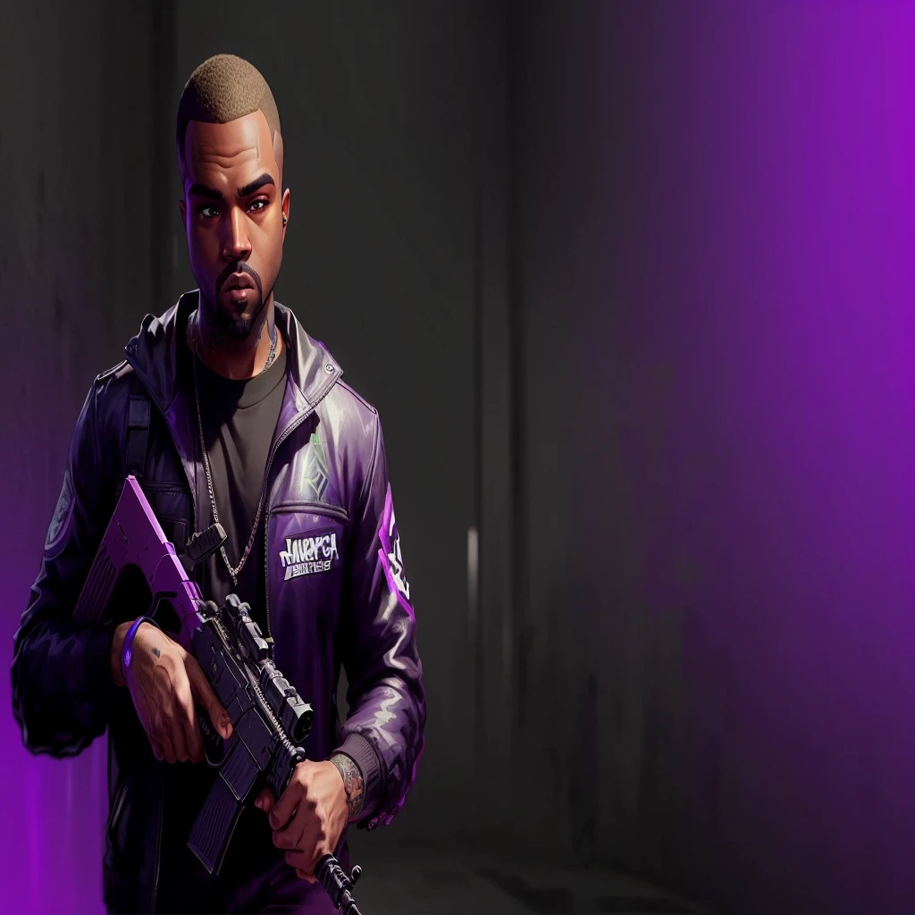 blurred image of a man holding a gun under a purple light, Kanye West em GTA V, Drake no GTA V, as the protagonist of gta 5, gta character, gta character v, gta loading screen art, GTA5 cover with 2D game art, like a GTAV character, Jesse Pinkman em GTA V, gta loading screen, gta v loading screen