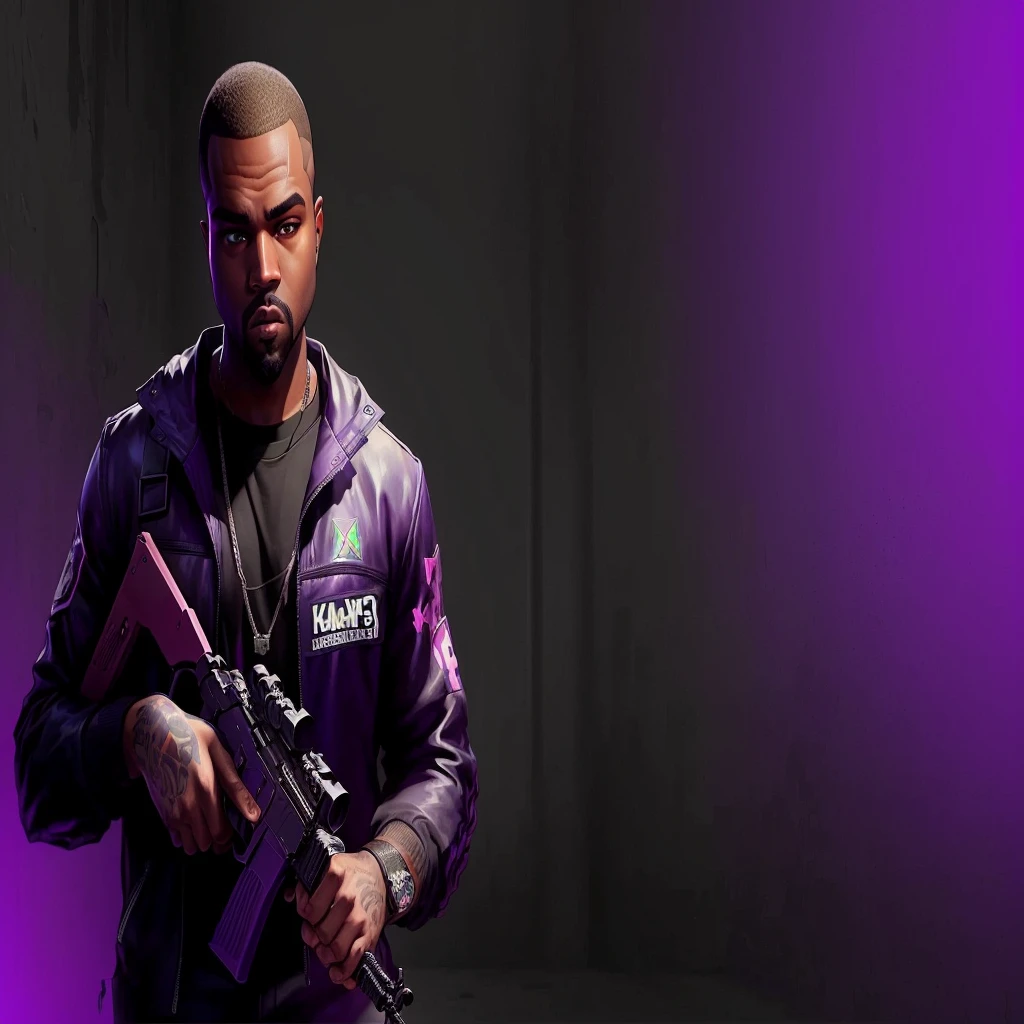 blurred image of a man holding a gun under a purple light, Kanye West em GTA V, Drake no GTA V, as the protagonist of gta 5, gta character, gta character v, gta loading screen art, GTA5 cover with 2D game art, like a GTAV character, Jesse Pinkman em GTA V, gta loading screen, gta v loading screen