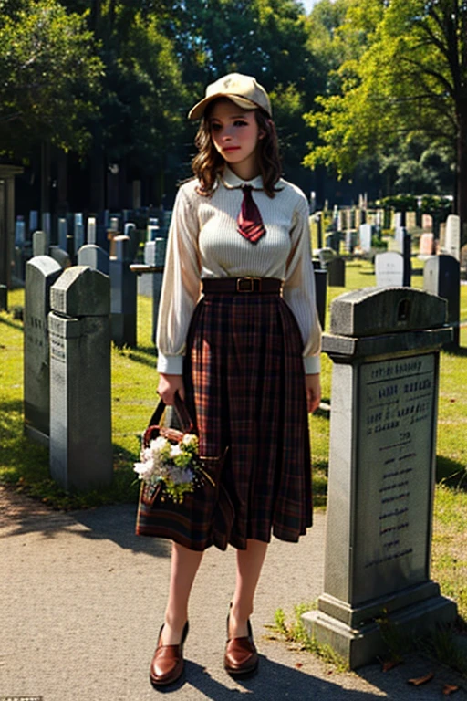 Young beautiful girl, Emma Myers, American, SOFT SMILING FACE, HAVE A BROWN HAIR, wears a old work cap, wears old-fashioned clothes, 19th century, poverty-stricken clothes, old torn clothes, 19th century period clothing, holding a bouquet, standing before her grandparents' tombstones, cemetery background, dark cities background, night time, midnight background.