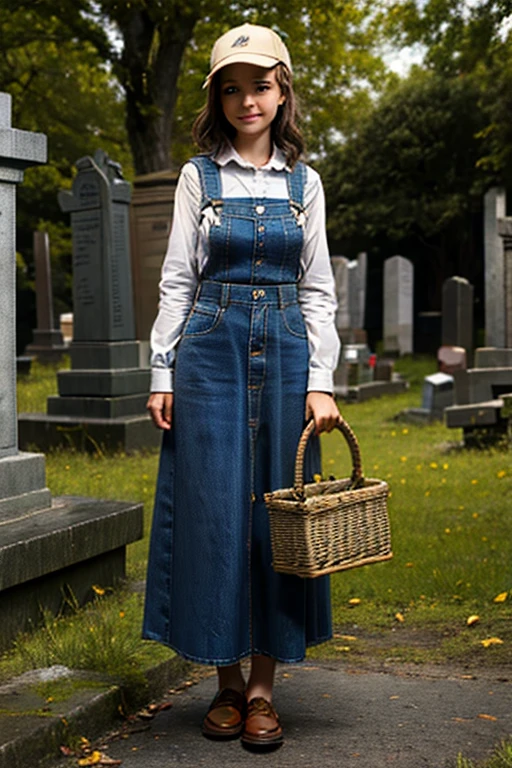 Young beautiful girl, Emma Myers, American, SOFT SMILING FACE, HAVE A BROWN HAIR, wears a old work cap, wears old-fashioned clothes, 19th century, poverty-stricken clothes, old torn clothes, 19th century period clothing, holding a bouquet, standing before her grandparents' tombstones, cemetery background, dark cities background, night time, midnight background.