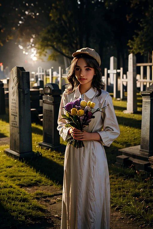 Young beautiful girl, Emma Myers, American, SOFT SMILING FACE, HAVE A BROWN HAIR, wears a old work cap, wears old-fashioned clothes, 19th century, poverty-stricken clothes, old torn clothes, 19th century period clothing, holding a bouquet, standing before her grandparents' tombstones, cemetery background, dark cities background, night time, midnight background.