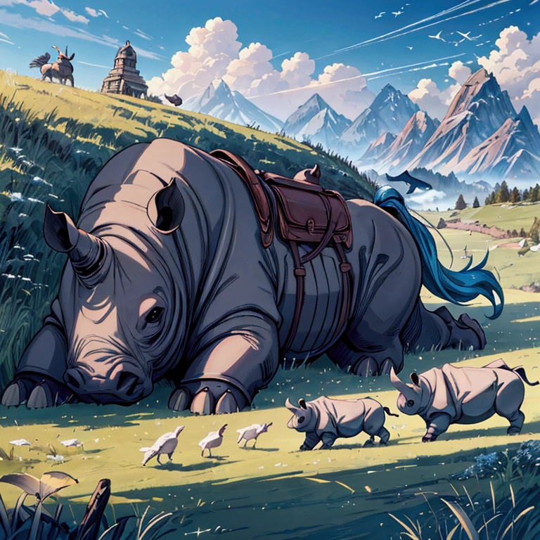 (illustration, best quality, masterpiece, official art:1.1), rhino, grass floor, mountain in the far distance, birds in sky, blue sky, landscape, focus and zoom on rhino