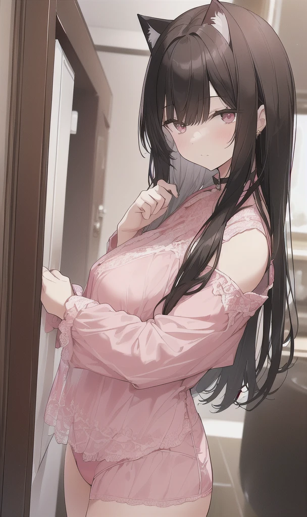 Photo of your ID。The person in the photo is a 28-year-old woman.。Her hair is black and straight.、The round eyes are reminiscent of a cat and the expression is gentle.。Dressed in pink lingerie、Standing straight and facing you。