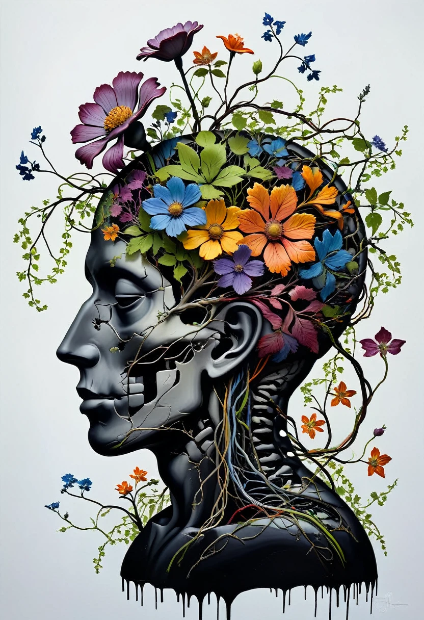 a silhouette of the outline of the brain blooming with vines and flowers by (tim burton:1.002) , rich detail, floral brain, vegetation, leave and blossoms, anatomy, vibrant, acrylc painting, wide brush strokes, colorful, (miyazaki style:0.7), colourful, autumn colors. positive vibes. (erin hansen style:1.2)