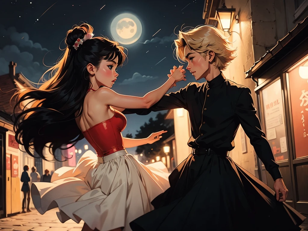 2D illustration, anime, Manga style ,Beautiful woman dancing in the moonlight at night outdoors ,