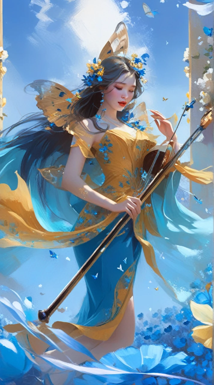 blue butterfly floating in the air, blue flowers, (blue butterfly), woman in blue dress, inspired by Yanjun Cheng, Beautiful digital illustrations, 8k high quality detailed art, guweiz, Popular on cgstation, Inspired by Russell Dongjun Lu, detailed lips, perfect face, young
