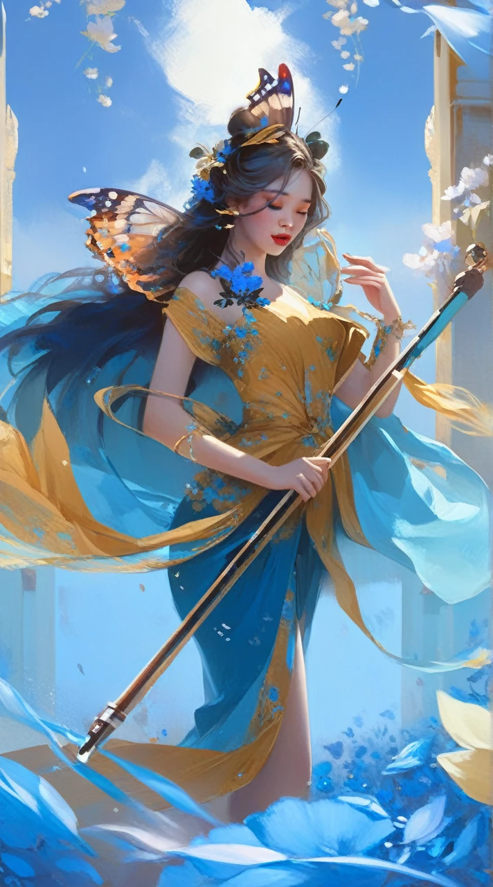 blue butterfly floating in the air， blue flowers, (blue butterfly), woman in blue dress, inspired by Yanjun Cheng, Beautiful digital illustrations, 8k high quality detailed art, guweiz, Popular on cgstation, Inspired by Russell Dongjun Lu, detailed lips, perfect face, young