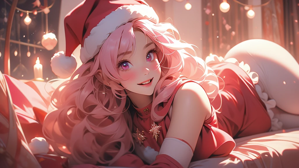 Masterpiece,1 girl, Serina,pink_hair, glove, black_glove, carry_trim, have, Santa Claus_Costume, Christmas, open_mouth, smile, bell, alone, red_hat, tights, white_background, pink_eyes, Santa Claus_have,
