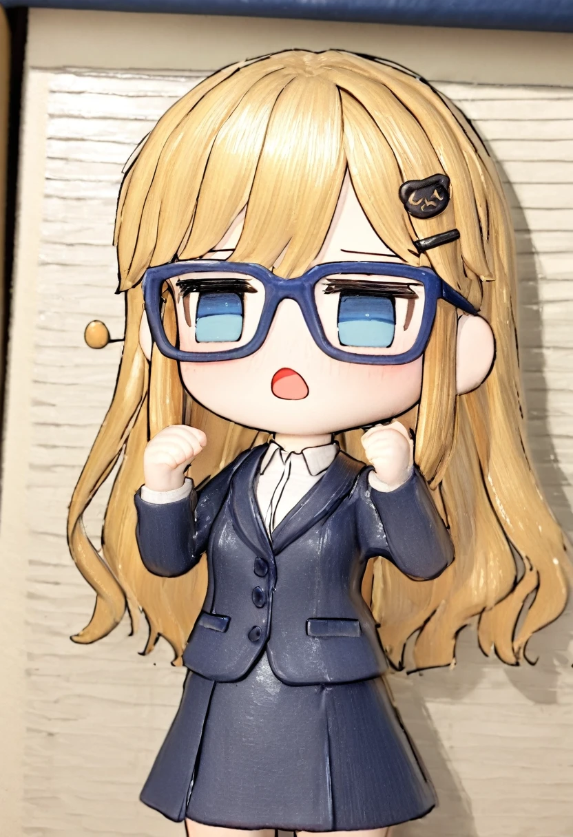 1girl,22years old, office lady,kawaii,intellectual,long blonde hair, blue eyes,jitome,brown hair pin,blue frame glasses,navy blazer,collared shirt,navy tight skirt,hands up,open mouth,office, BREAK masterpiece, best quality, absurdres, cowboy shot, 3d,chibi,nendroid style,colored pencil art style, hand-drawn aesthetic, soft shading, textured paper background, gentle colors, sketch-like quality, artistic portrait, delicate lines, subtle blending, warm lighting