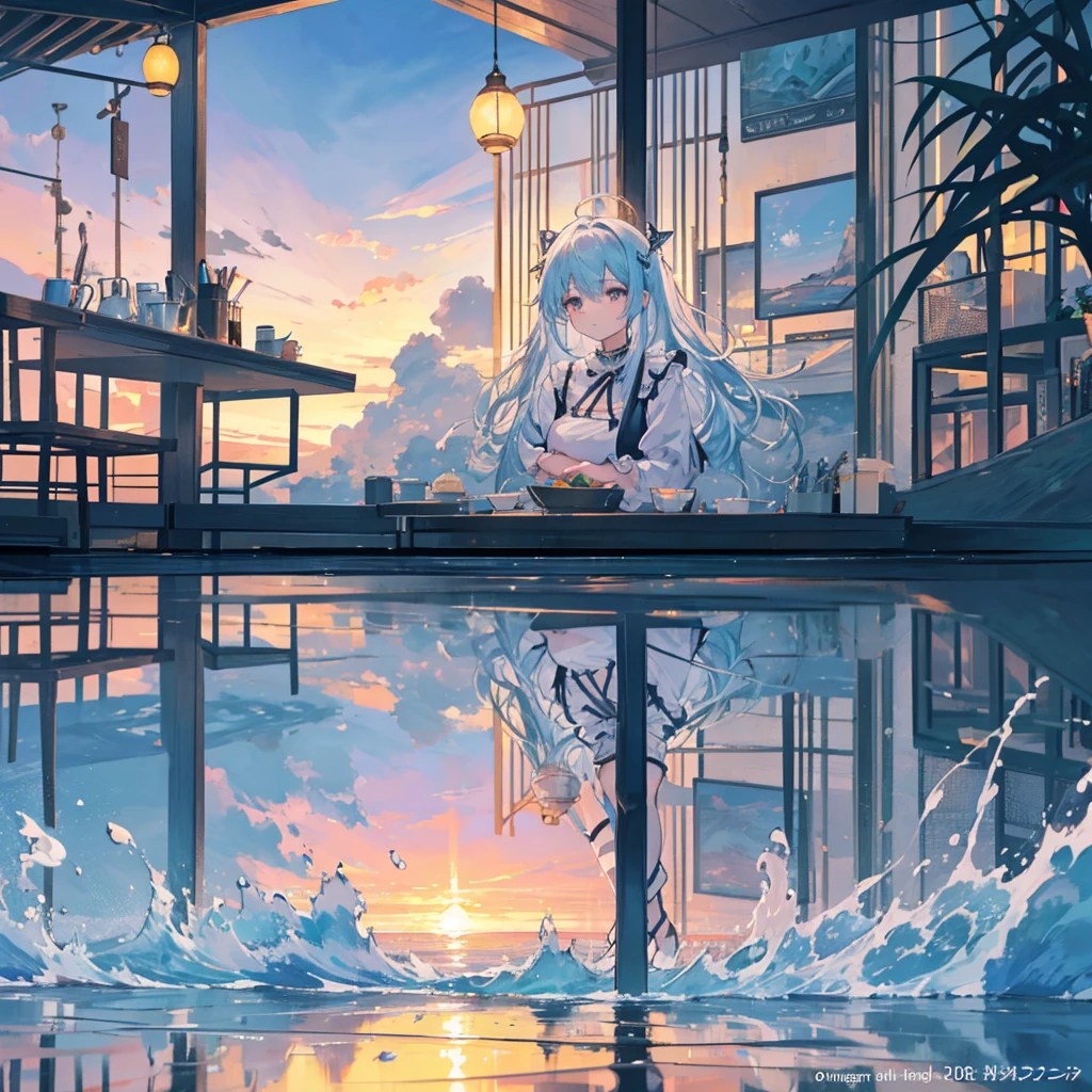 "Ultra-high resolution (4096K) watercolor illustration capturing the magical ambiance of a seaside restaurant at twilight, blending hyper-realism with ethereal elements to create an immersive dining experience.
Central focus:
A panoramic view of a cliffside restaurant with floor-to-ceiling windows facing the ocean
A diverse group of diners enjoying a meal, their expressions and interactions painted with impossible detail
The sun setting over the ocean, creating a spectrum of colors that interact with every element of the scene
Restaurant details:
Architecture seamlessly blending indoor and outdoor spaces, with subtle fractal patterns in the design
Tables set with exquisite detail, each piece of cutlery and glassware a miniature work of art
Open kitchen visible, with chefs in motion, their actions creating swirls of culinary energy
Ocean and sky:
Water surface rendered with quantum-level detail, each wave and ripple containing micro-scenes of marine life
Sky transitioning from golden hour to twilight, with impossible gradients of color
Clouds formed from intricate patterns that subtly depict sea creatures and maritime symbols
Food and dining:
Dishes presented as edible works of art, with ingredients rendered in microscopic detail
Steam and aromas visualized as delicate, colorful tendrils that interact with the surrounding air
Wine in glasses refracting light in physically impossible ways, creating mini-universes in each drop
Atmospheric effects:
Interplay of natural and artificial light creating complex shadows and highlights
Sea mist rendered as millions of individual droplets, each refracting light differently
Time dilation effects visible in the movement of waves and the setting sun
Color palette:
Rich, warm tones of the setting sun contrasting with cool blues and greens of the ocean
Soft, ambient lighting inside the restaurant creating a golden glow
Bioluminescent accents in the ocean and on some dishes, adding an ethereal quality
Technique showcase:
Wet-on-wet t