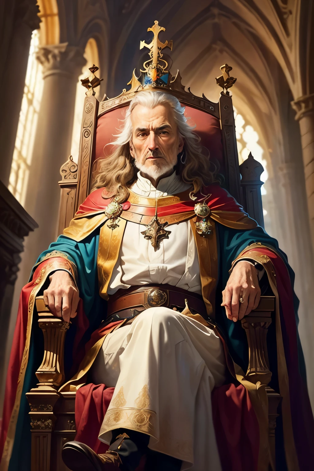 ((best qualityer)), ((work of art)), (detailded), 1 old medieval king sitting on his throne