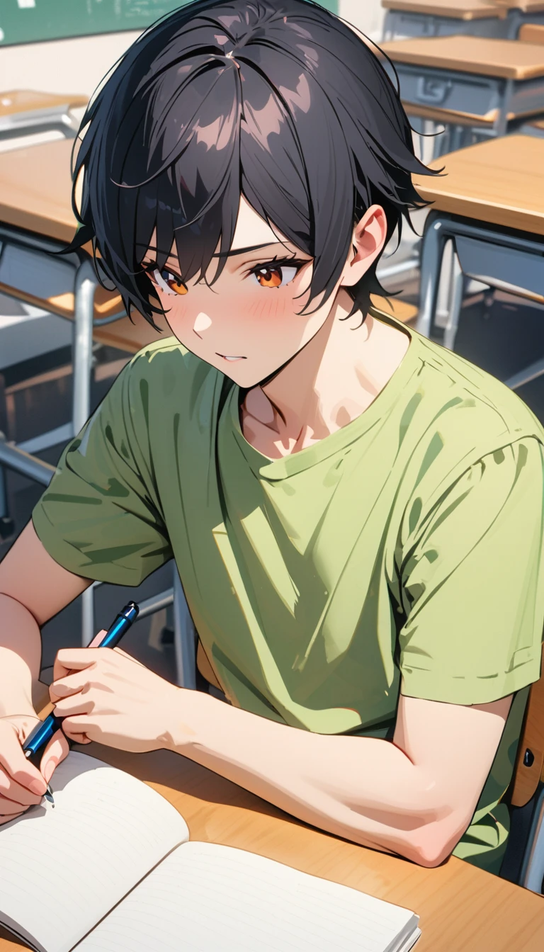 modern, Verism, masterpiece, textured skin, super detail, best quality, 4K , One good young man,Black short hair,Taking classes at a university,is writing in a notebook on the desk,right handed,Sitting,In the university classroom.