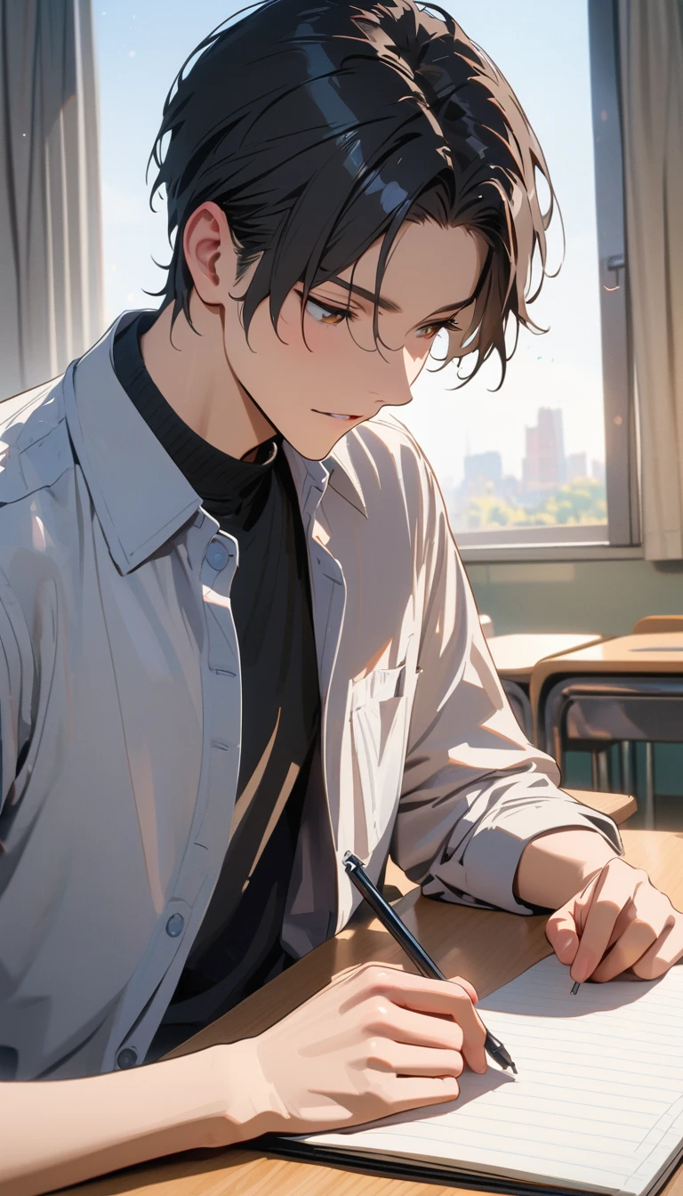 modern, Verism, masterpiece, textured skin, super detail, best quality, 4K , One good young man,Black short hair,Taking classes at a university,is writing in a notebook on the desk,right handed,Sitting,In the university classroom.