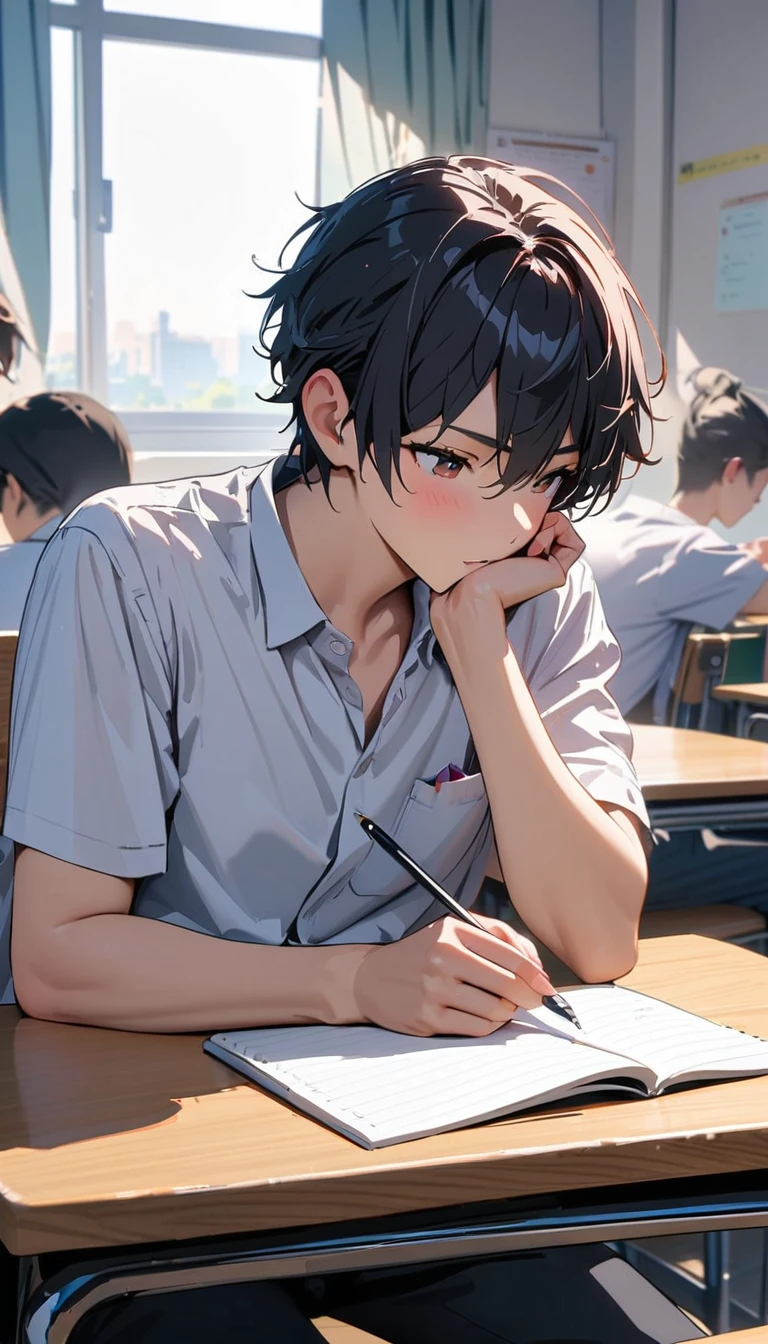 modern, Verism, masterpiece, textured skin, super detail, best quality, 4K , One good young man,Black short hair,Taking classes at a university,is writing in a notebook on the desk,right handed,Sitting,In the university classroom.