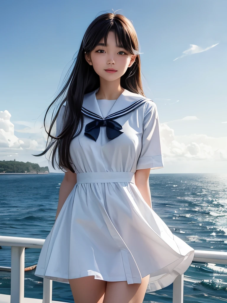 (SONY_α1.SEL50F12GM.Combined shooting)、(One Girl)、alone、Ultra high definition,((最high quality, 8k, masterpiece: 1.3, Ultra HD, high quality, 最high quality, High resolution, realism)) 、Very beautiful 18 year old Japan 、High school girls,Lady,clear、I'm wearing a sailor suit、Wearing a sailor collar dress uniform with lace frills、Wear loafers、Hair color is light brown、black eye、Medium Hair、Straight hair、smile、Walk along the high seawall on the coast、The blue sky is beautiful、There is a road in front of the breakwater....、The sea is beautiful、Beautiful horizon、 An island is visible offshore、Entering the clouds above the horizon、Island Lighthouse