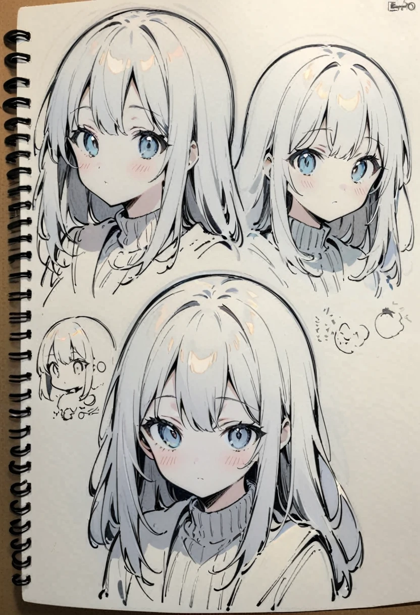 estilo de desenho animado:1.2),, cute face, big eyes, , affectionate smile, (true beautiful:1.2),,(tiny 1girl model:1.2),)(flat chest),,beautiful detailed eyes,blunt bangs((((little delicate girl)))),, 1 girl ,(((( light blue long hair)))), ((highest quality)), ((masterpiece)), (be familiar with), perfect face、girl、pencil、anime style、Flaxen Turtleneck Sweater、skirt、whole body、draft、monochrome、rough、、 doodle drawing. (Pencil_Sketch, messy lines, greyscale, traditional media, sketch), 1girl, solo, long hair, simple background, upper body, looking up、Line art 、(character design sheet, same character, front, side, back),cute girl, different angles, character sheet, illustration, expressions, line art
